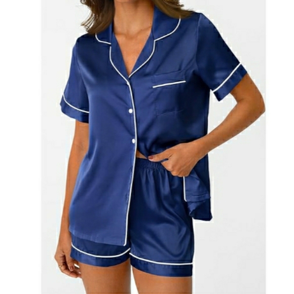 Silk Satin Fall Soft Pajama Set Matching Lounge Button Up Navy Blue - Picture 2 of 7